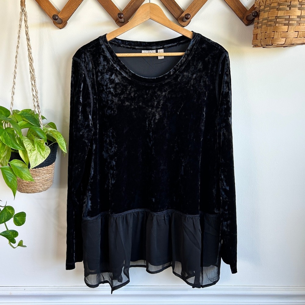 LOGO Lori Goldstein Black Crushed Velvet Chiffon Trim Tunic Top Whimsigoth